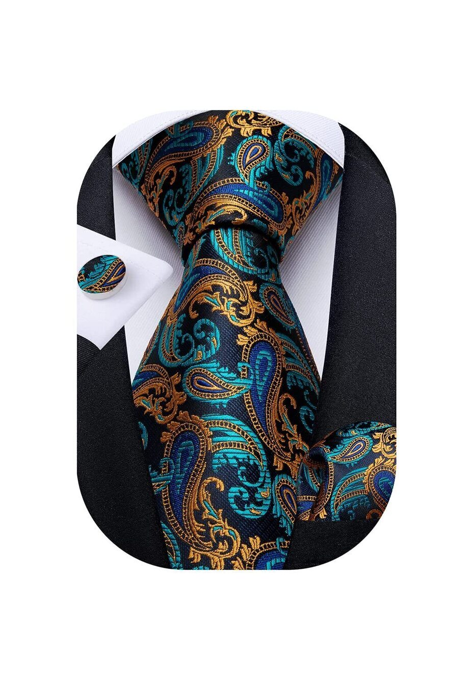 5972 Tie Set Silk Solid Paisley Necktie and Pocket Square Cufflinks Classic